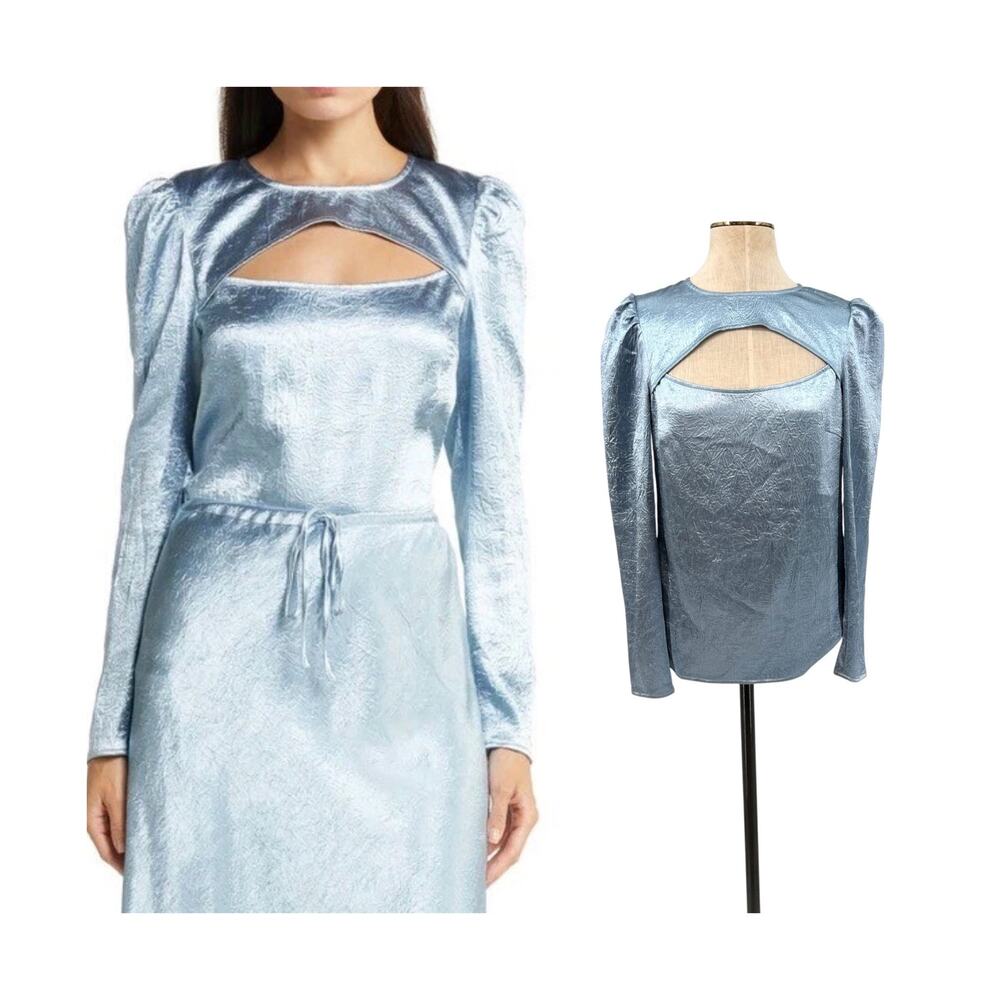 Baum und Pferdgarten Marcy Metallic Cutout Puff Sleeve Top Blue Fog NWT EU 36
